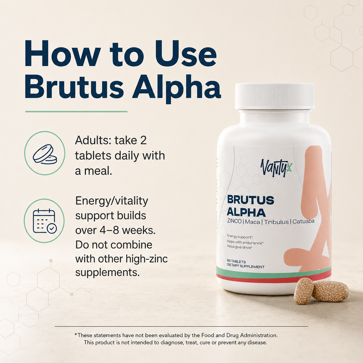 Brutus Alpha Vantyx — Men's Vitality Tablets with Tongkat Ali, Maca, Tribulus & Zinc · 60 Tablets