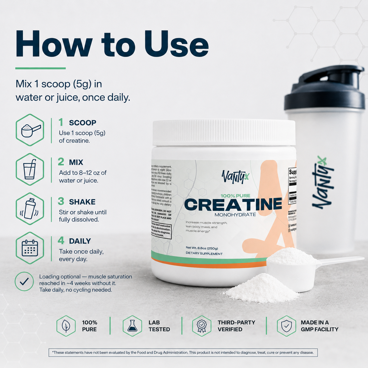 Creatine Monohydrate 100% Pure Vantyx — 5g per Scoop · 250g (50 Servings) · Unflavored
