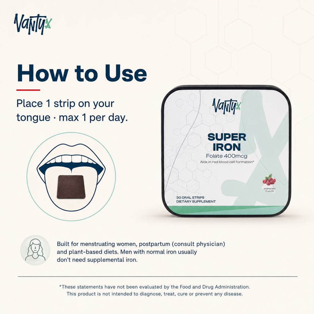 Super Iron Oral Strips Vantyx — Iron + Folate · 30 Raspberry Oral Strips
