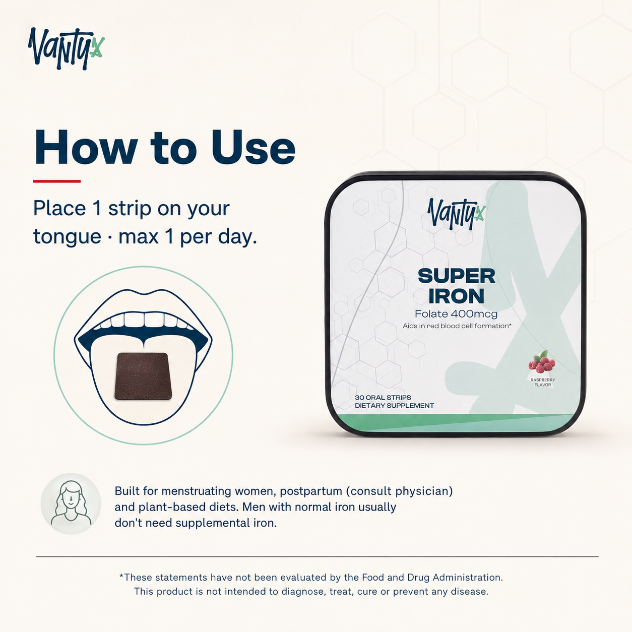 Super Iron Oral Strips Vantyx — Iron + Folate · 30 Raspberry Oral Strips
