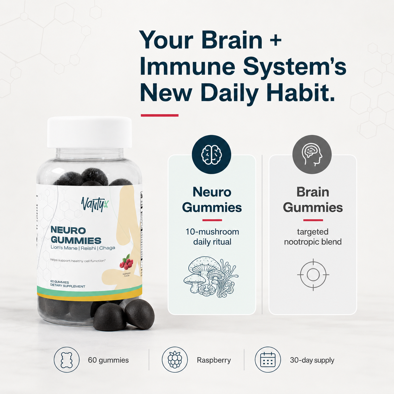 Neuro Gummies — Mushroom Extract Complex with Lion's Mane, Reishi, Cordyceps & Chaga · 60 Raspberry Gummies