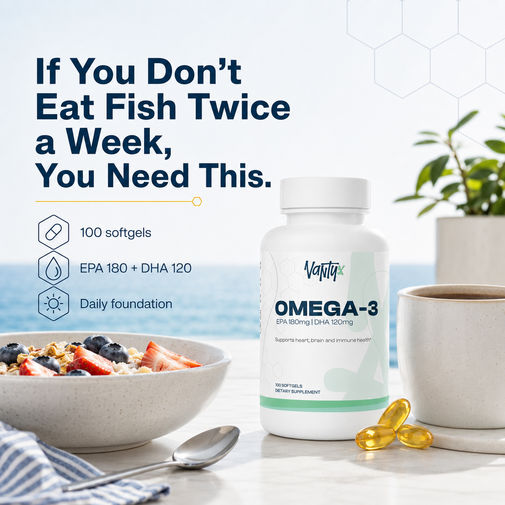 Omega-3 Fish Oil 1,000mg — EPA 180mg + DHA 120mg · Heart, Brain & Immune · 100 Softgels