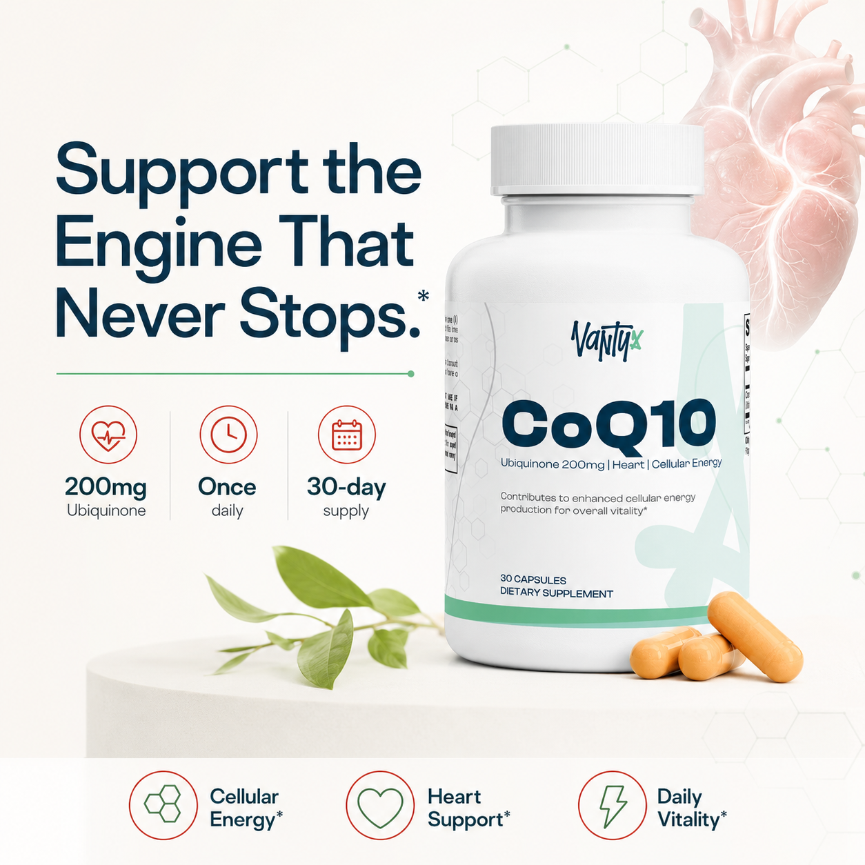 CoQ10 200mg Ubiquinone — High-Potency Once-Daily Capsules · 30 Count