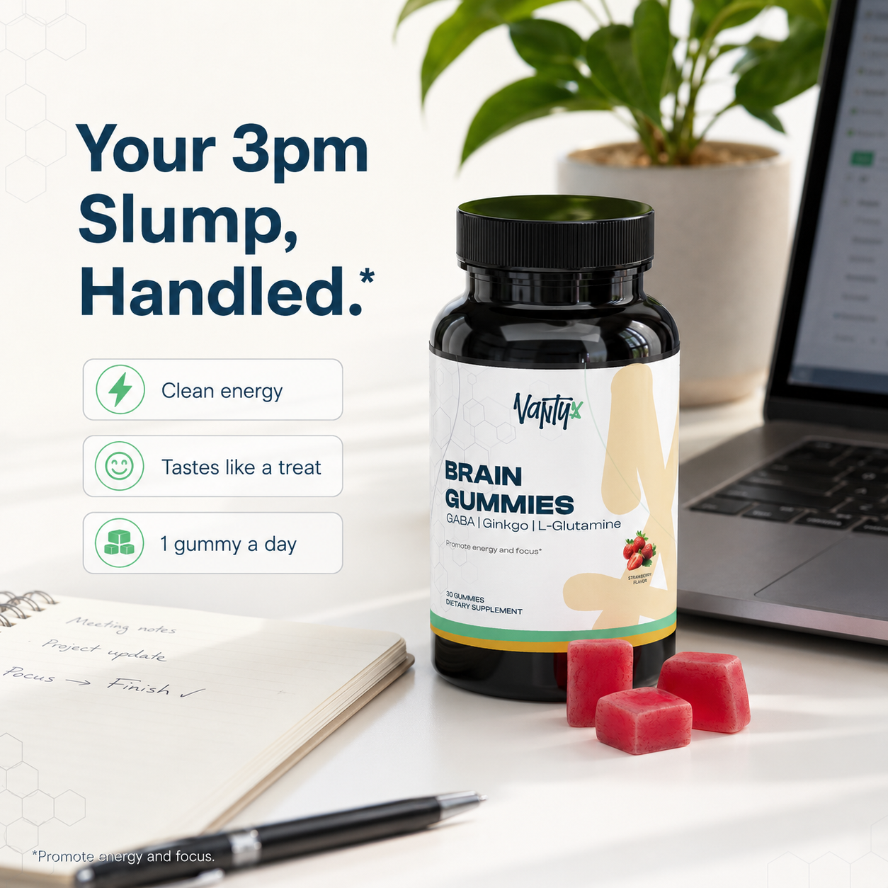 Brain Gummies Vantyx — Complejo energético de Cordyceps con GABA, Ginkgo y DMAE · 30 gomitas de fresa