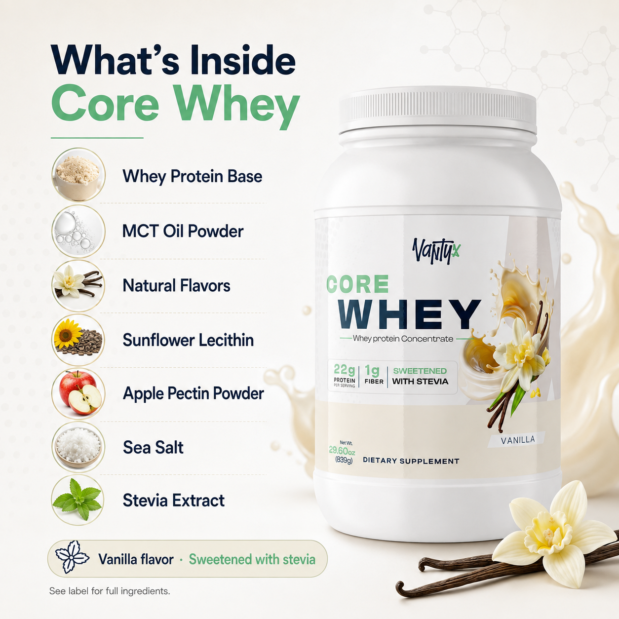 Core Whey Protein Concentrate — Vanilla, 839g