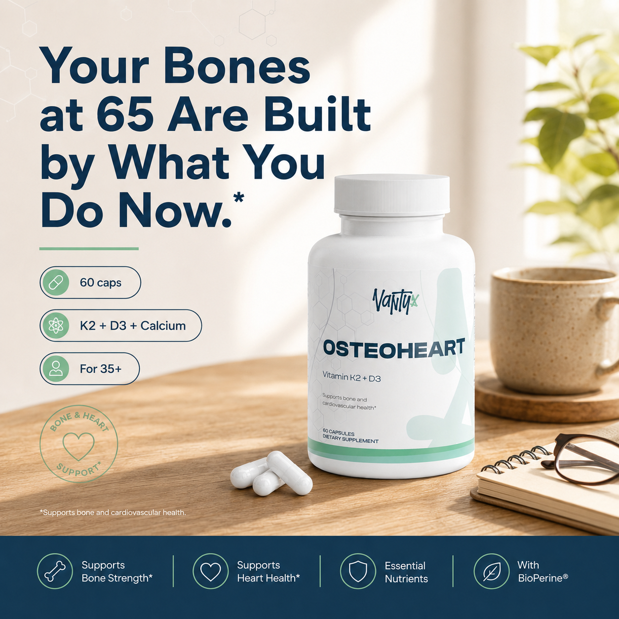 Vantyx K2 + D3 + Calcium + BioPerine® — Daily Formula · 60 Capsules