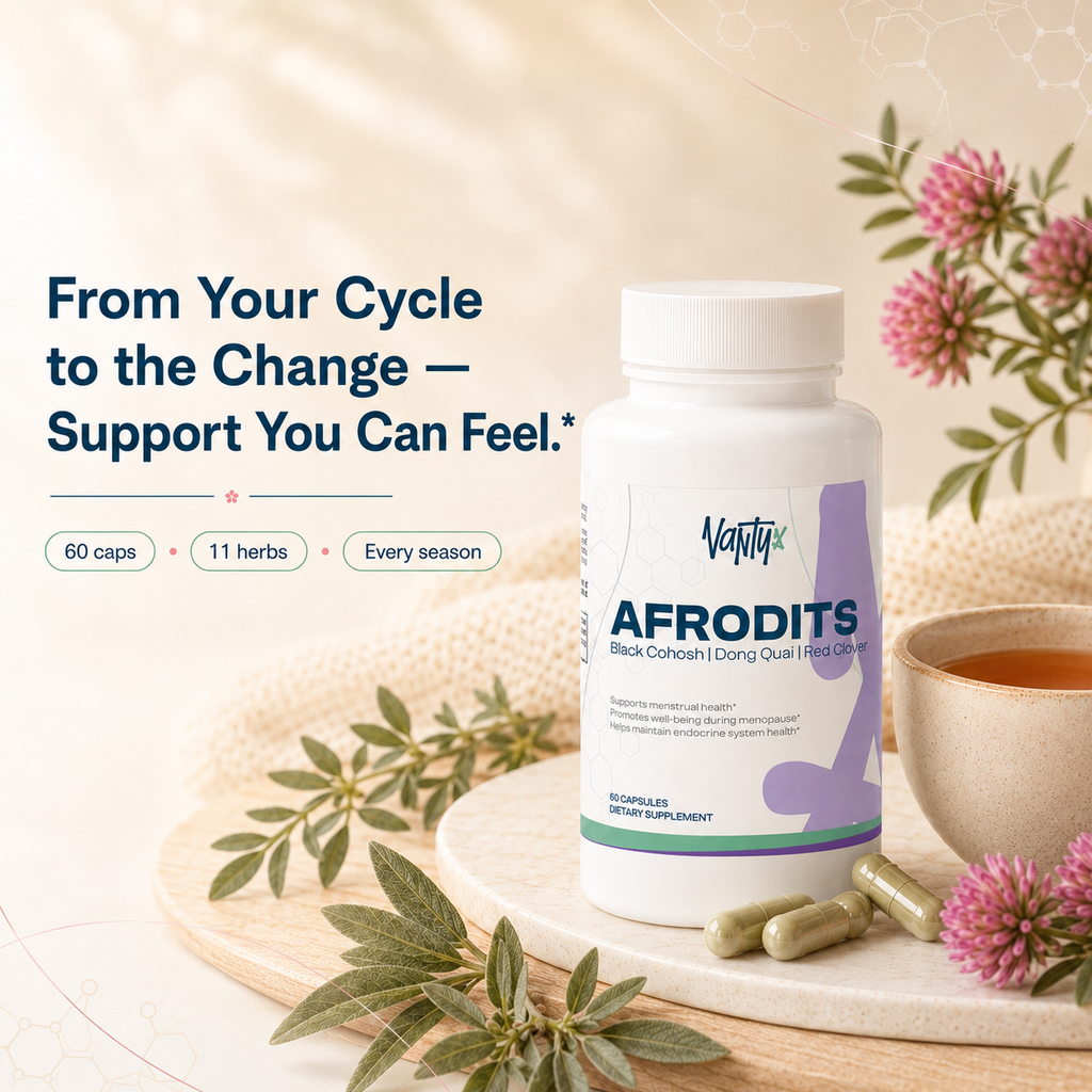 Vantyx Afrodits — Black Cohosh, Dong Quai, Red Clover & Chasteberry Blend · 60 Capsules