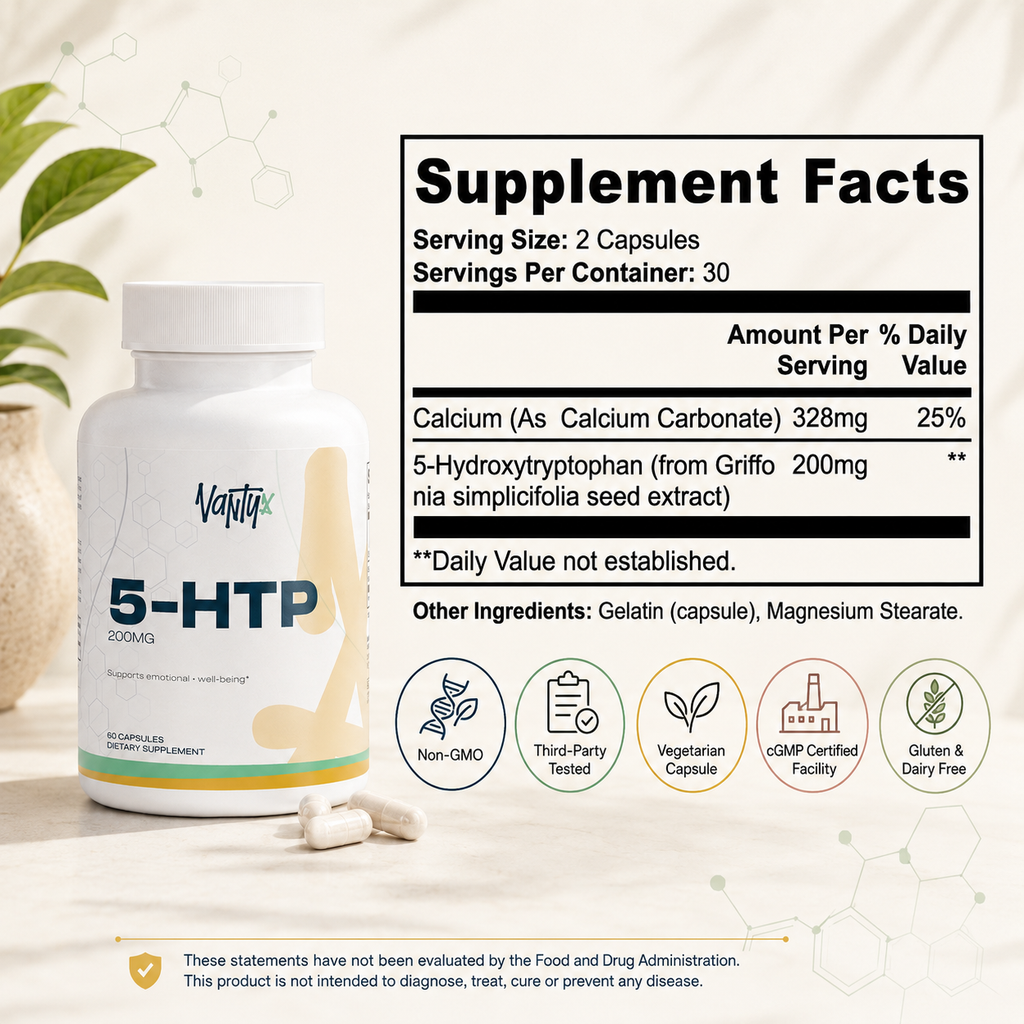 5-HTP 200mg Vantyx — Apoyo para el Ánimo y el Sueño de Griffonia simplicifolia · 60 Cápsulas Vegetarianas