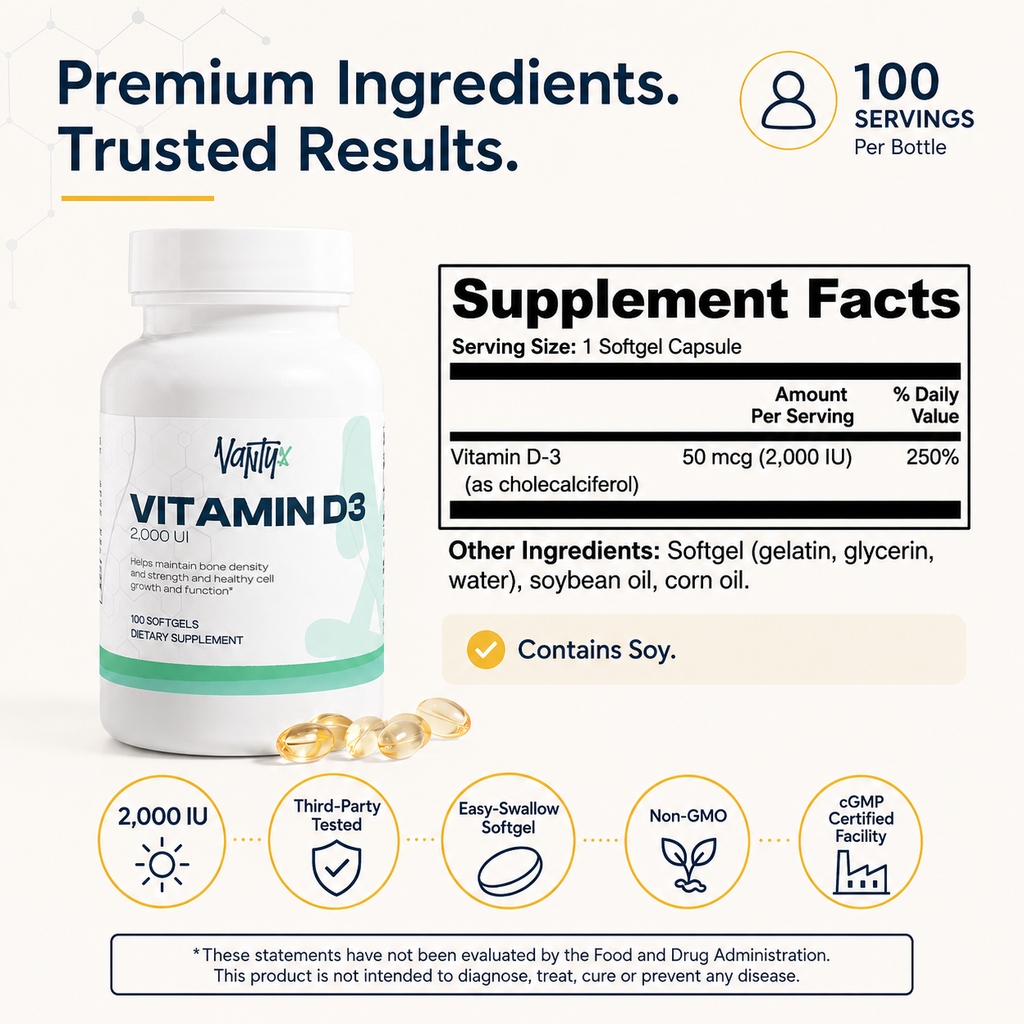 Vitamin D3 2,000 IU Vantyx — Bone, Immune & Daily Wellness · 100 Softgels (100-day supply)