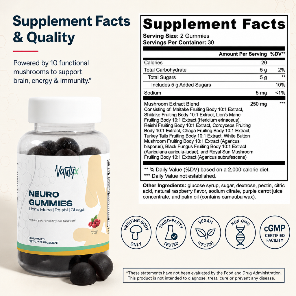 Neuro Gummies — Mushroom Extract Complex with Lion's Mane, Reishi, Cordyceps & Chaga · 60 Raspberry Gummies
