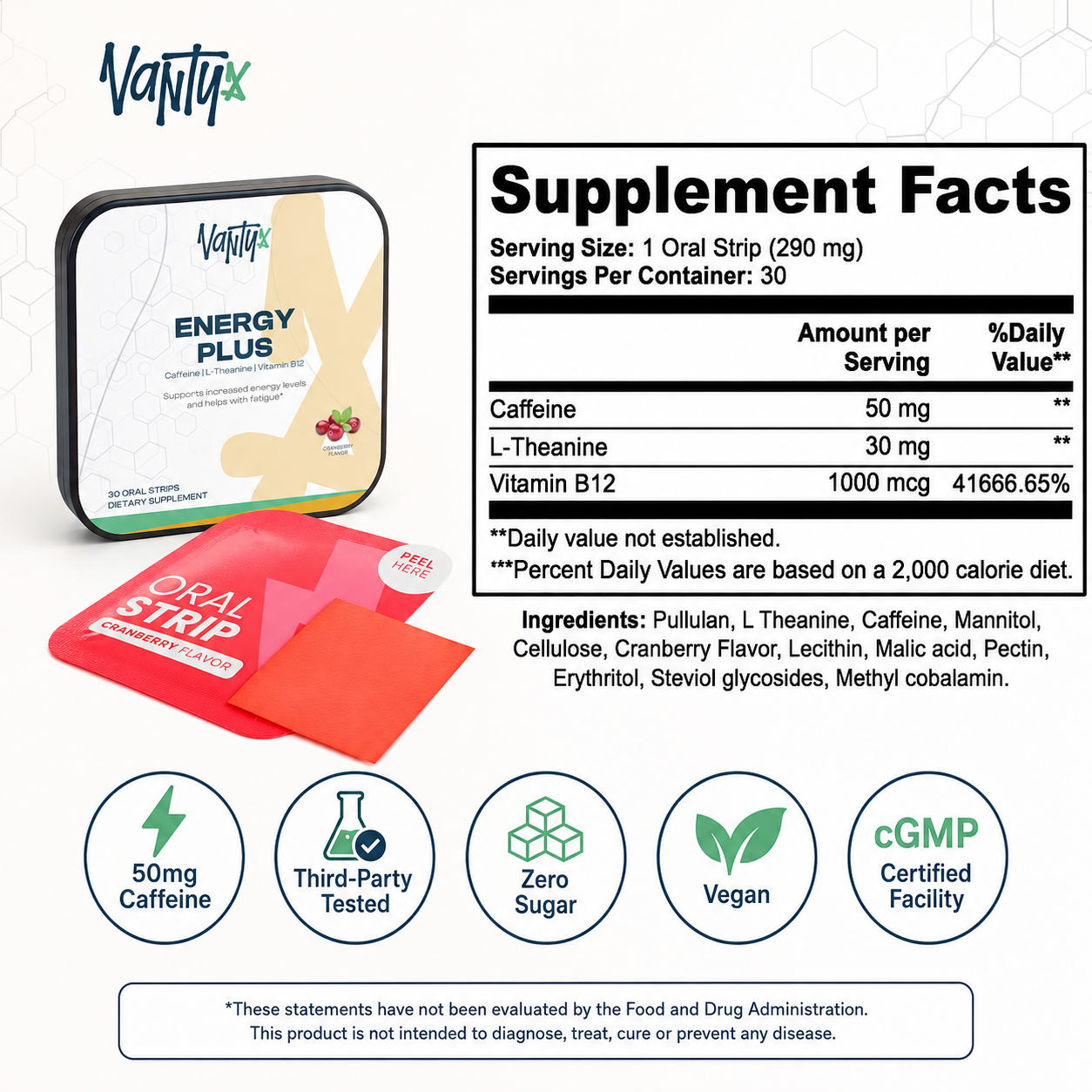 Energy Plus Strips Vantyx — Caffeine + L-Theanine + B12 Oral Strips · 30 Cranberry Strips