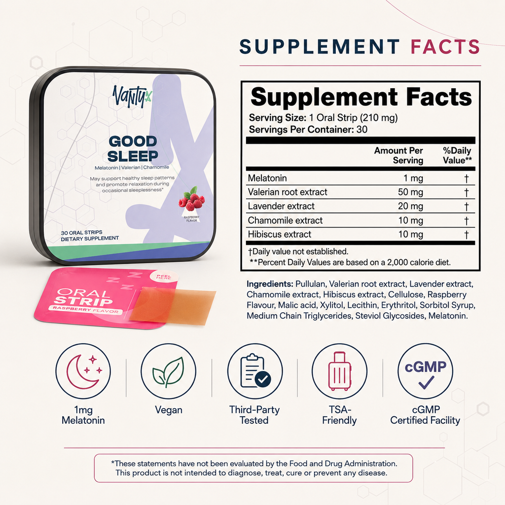 Good Sleep Strips Vantyx — Melatonin + Valerian + Lavender + Chamomile · 30 Raspberry Oral Strips