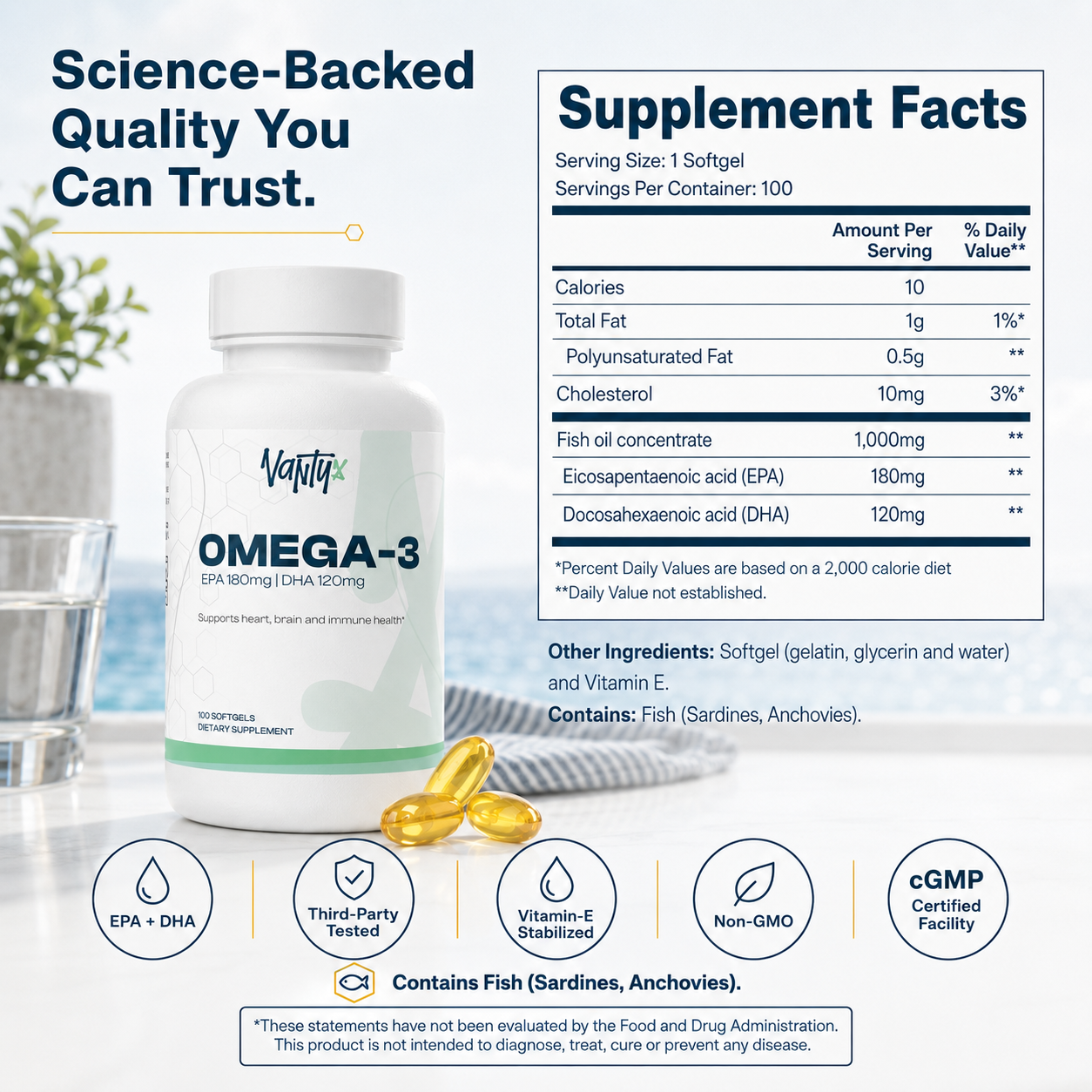 Omega-3 Fish Oil 1,000mg — EPA 180mg + DHA 120mg · Heart, Brain & Immune · 100 Softgels
