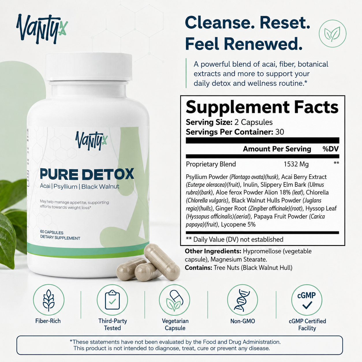 Vantyx Acai Berry Complex — Psyllium, Chlorella, Aloe Ferox & Black Walnut · 60 Capsules