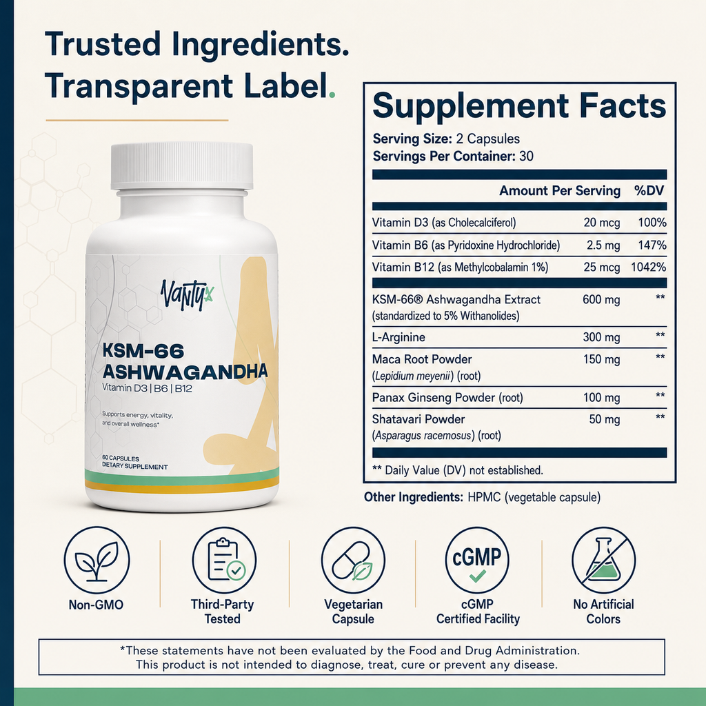 Ashwagandha KSM-66 Vantyx — Apoyo para el Estrés, la Energía y la Vitalidad · 60 Cápsulas Vegetarianas