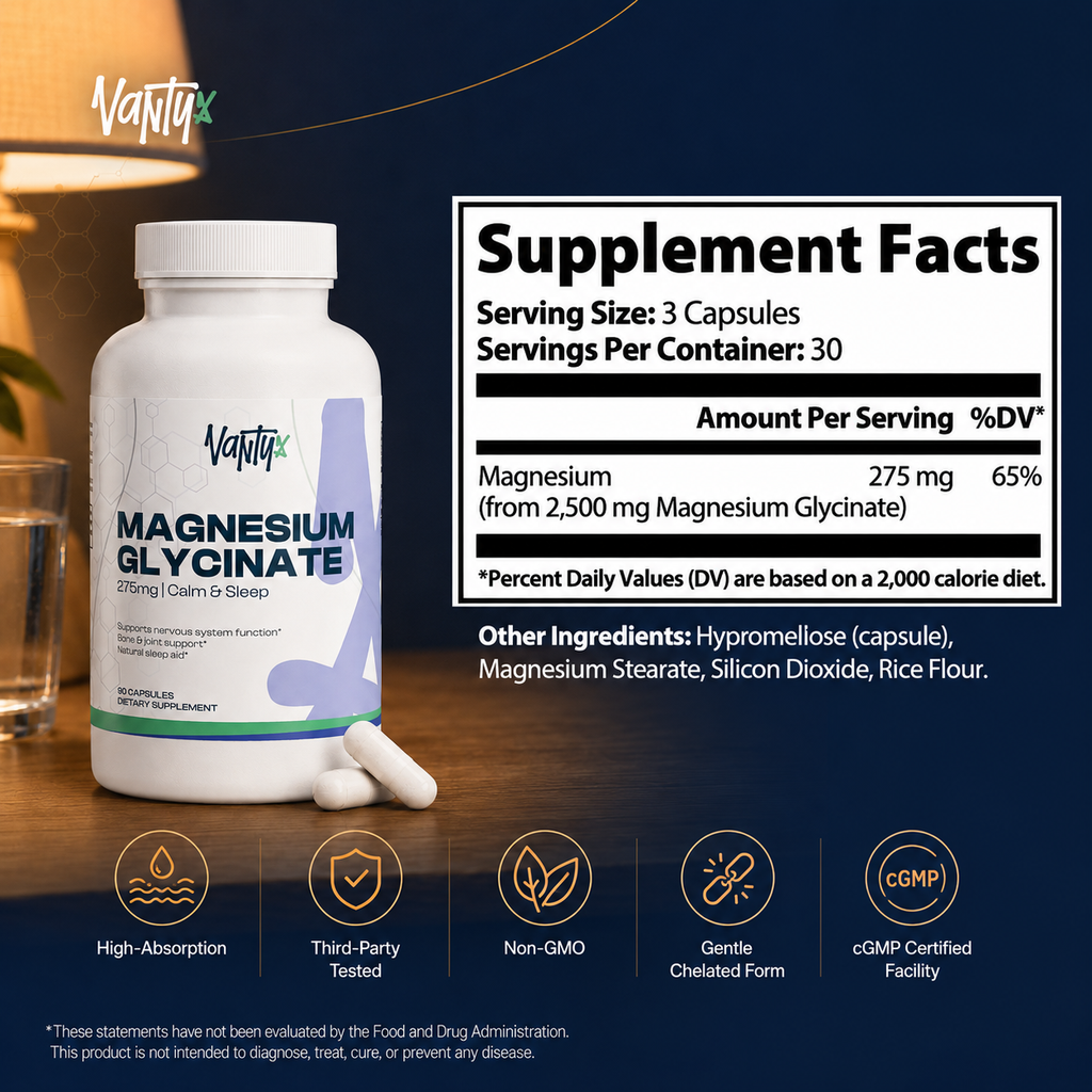 Magnesium Glycinate 275mg — Fully Chelated, High-Absorption Formula · 90 Capsules