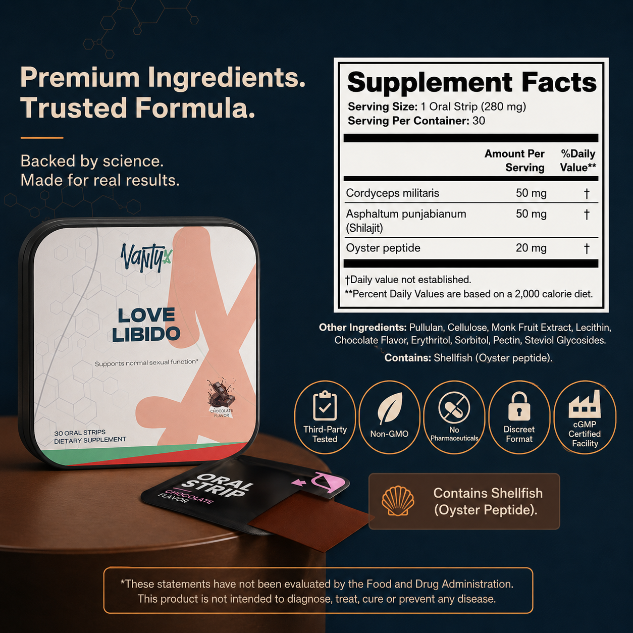 Love Libido Strips Vantyx — Oral Strips with Cordyceps, Shilajit & Oyster Peptide · 30 Chocolate Strips