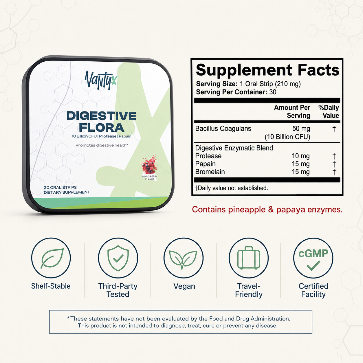 Digestive Flora-MAX Gut Health Strips Vantyx — 10 Billion CFU Bacillus Coagulans + Enzyme Blend · 30 Mixed Berry Oral Strips