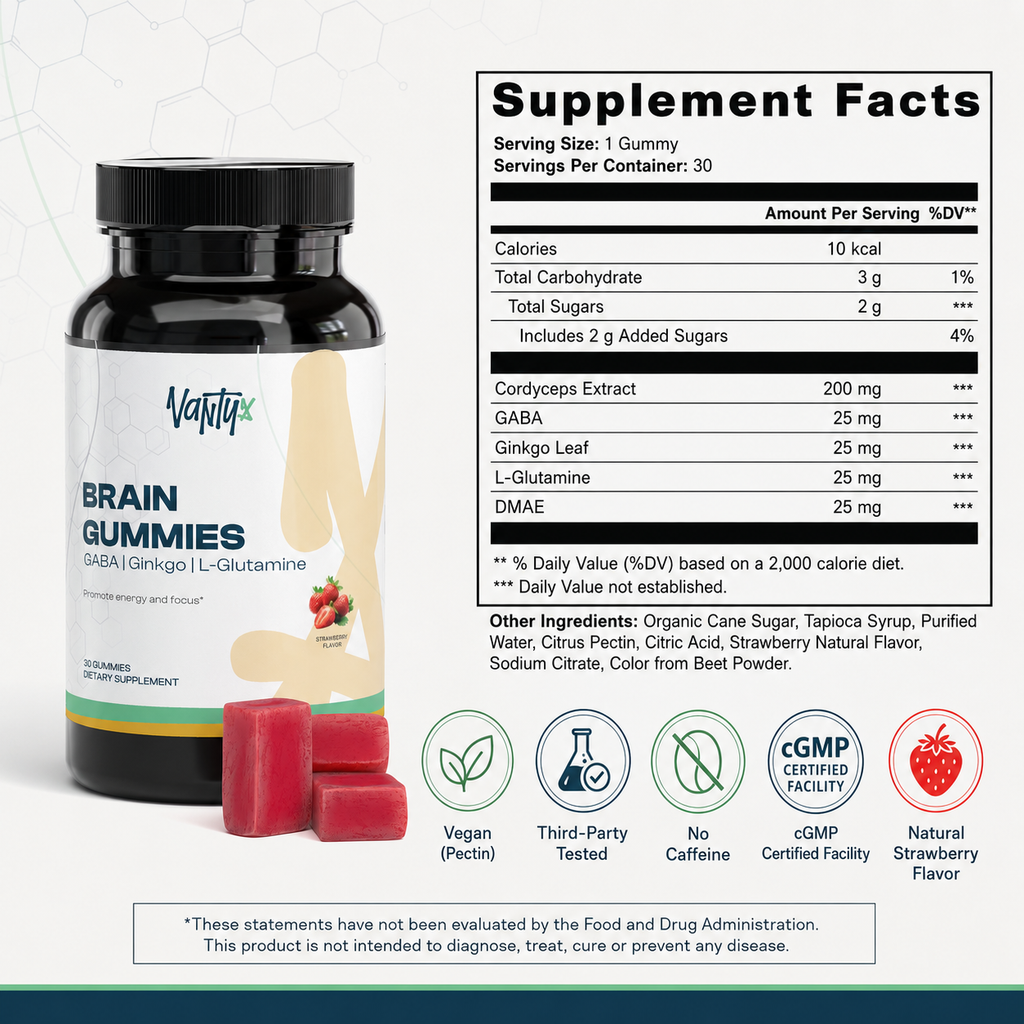 Brain Gummies Vantyx — Complejo energético de Cordyceps con GABA, Ginkgo y DMAE · 30 gomitas de fresa