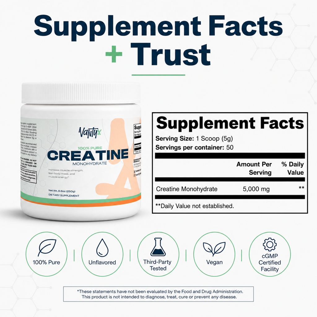 Creatine Monohydrate 100% Pure Vantyx — 5g per Scoop · 250g (50 Servings) · Unflavored
