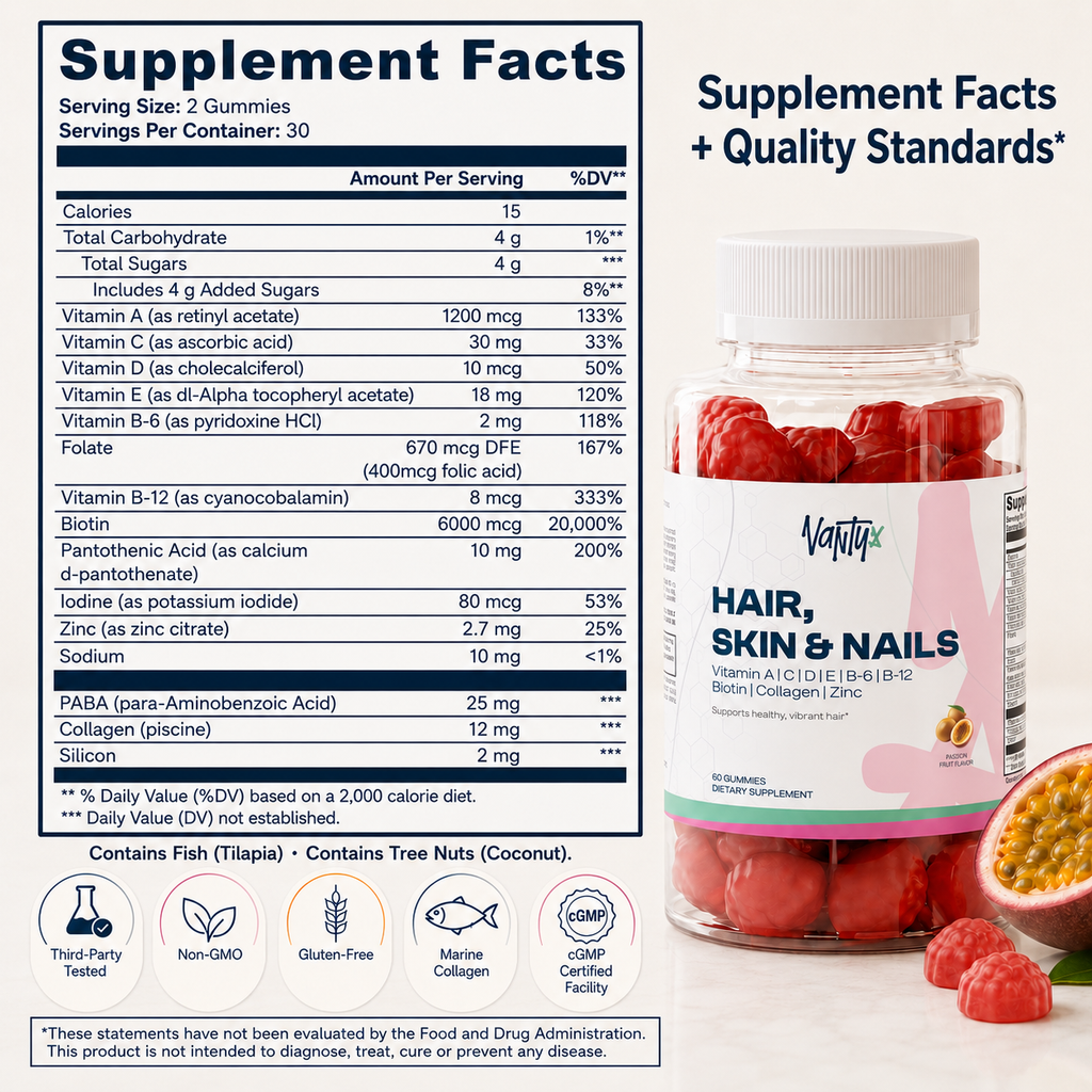 Hair, Skin & Nails Gummies  Vantyx — Biotin 6000mcg + Collagen + Multivitamin · 60 Passion Fruit Gummies