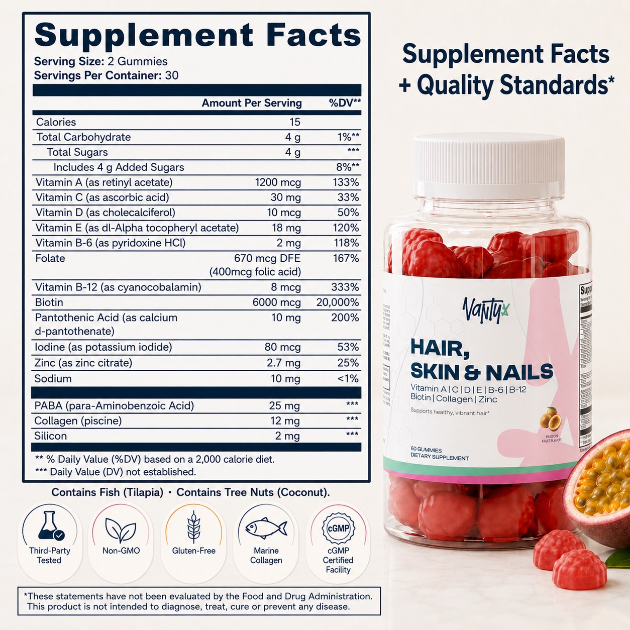 Hair, Skin & Nails Gummies  Vantyx — Biotin 6000mcg + Collagen + Multivitamin · 60 Passion Fruit Gummies
