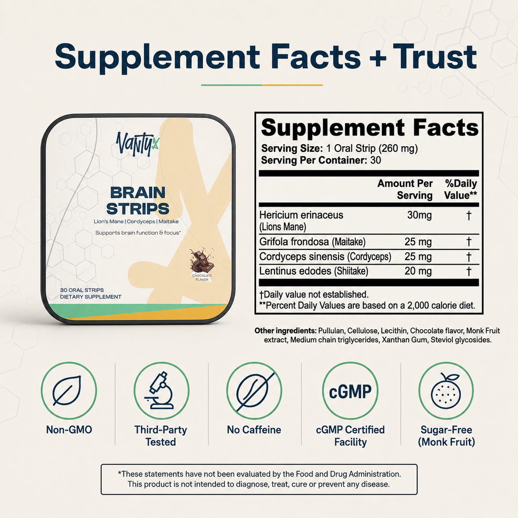 Brain Strips Vantyx — Mushroom Focus Oral Strips with Lion's Mane & Cordyceps · 30 Chocolate Strips