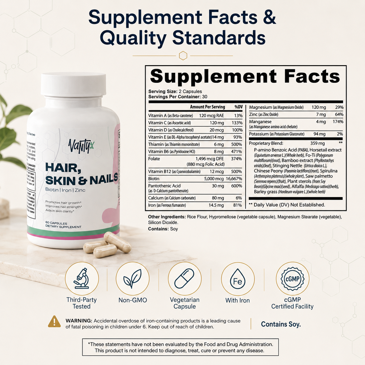 Hair, Skin & Nails Essentials Vantyx — Multivitamin + Iron + Biotin 5000mcg + Botanical Blend · 60 Capsules