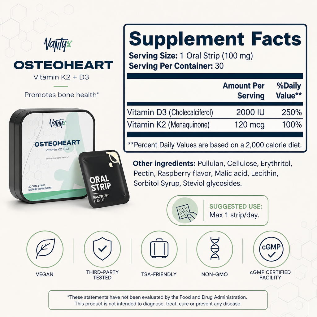 Osteoheart Bone Support Strips Vantyx — Vitamin D3 2000 IU + K2 120mcg · 30 Raspberry Oral Strips