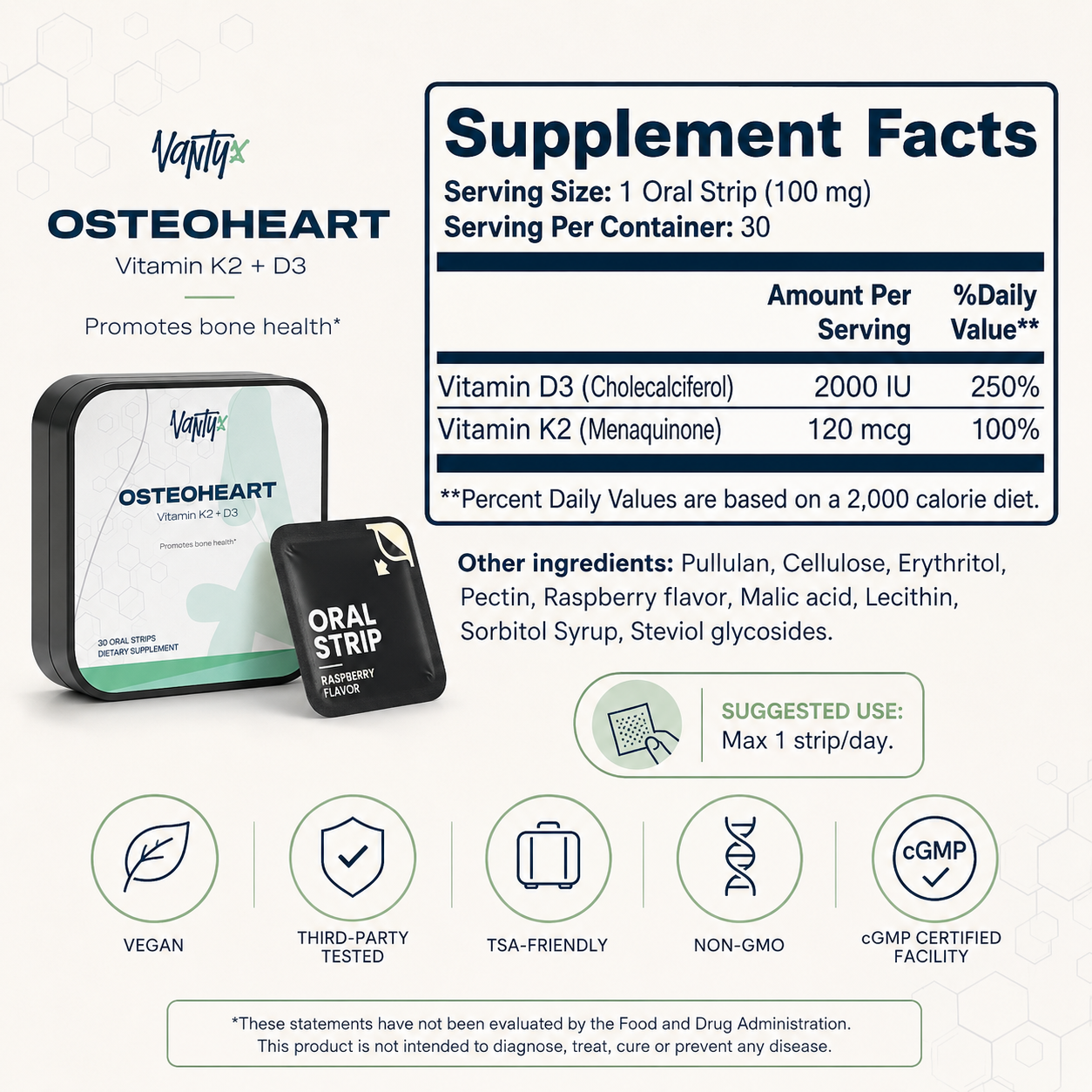 Osteoheart Bone Support Strips Vantyx — Vitamin D3 2000 IU + K2 120mcg · 30 Raspberry Oral Strips