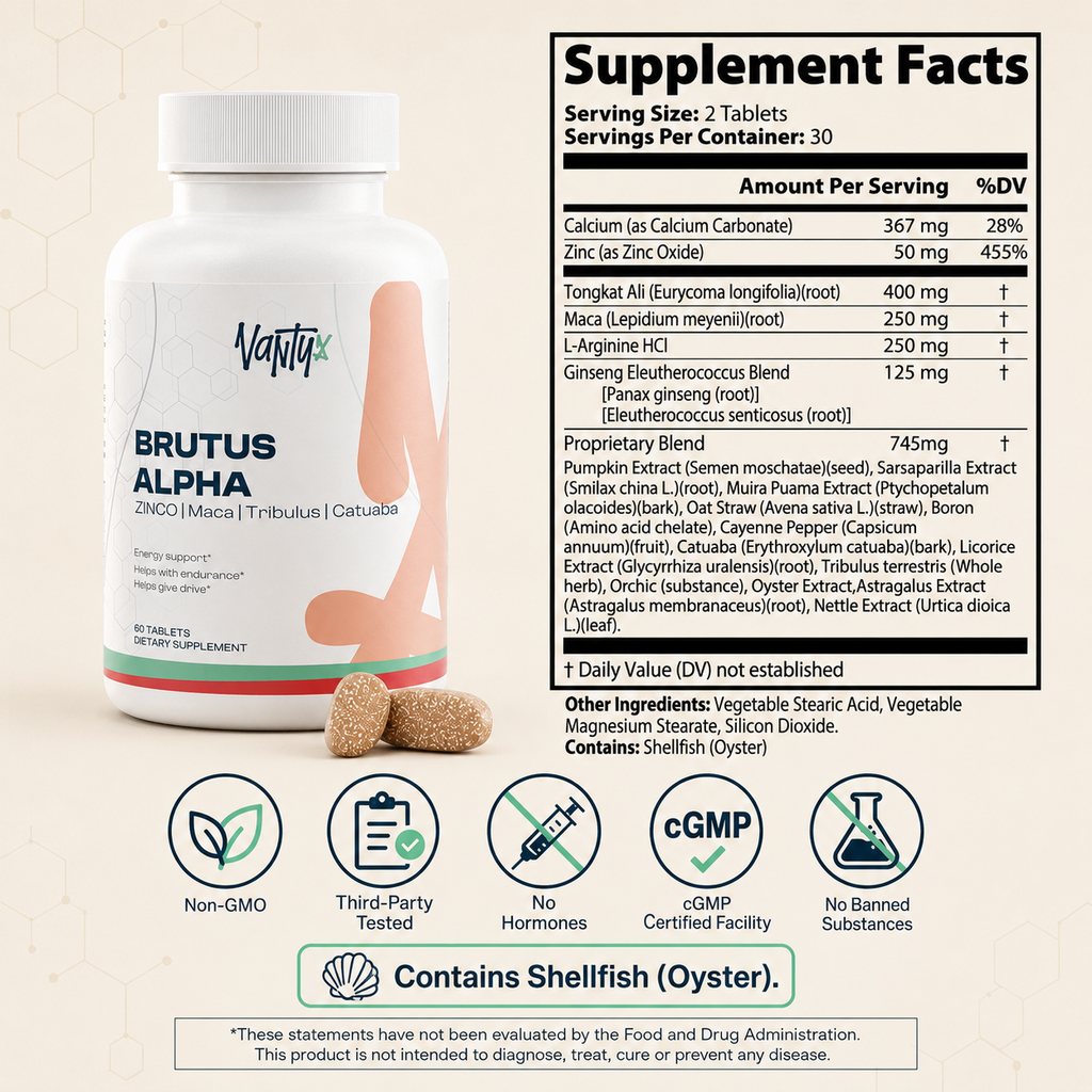 Brutus Alpha Vantyx — Men's Vitality Tablets with Tongkat Ali, Maca, Tribulus & Zinc · 60 Tablets
