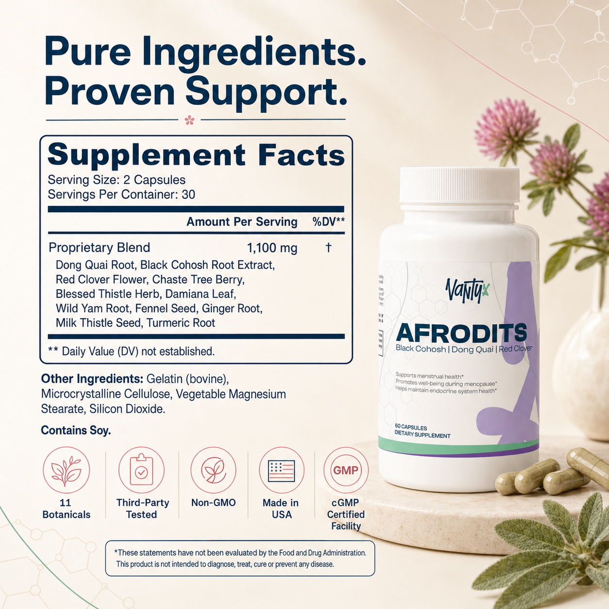 Vantyx Afrodits — Black Cohosh, Dong Quai, Red Clover & Chasteberry Blend · 60 Capsules