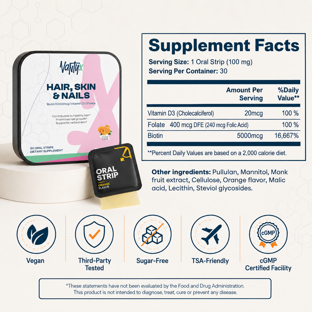 Hair, Skin & Nails Strips Vantyx — Biotin 5000mcg + Vitamin D3 + Folate · 30 Orange Oral Strips