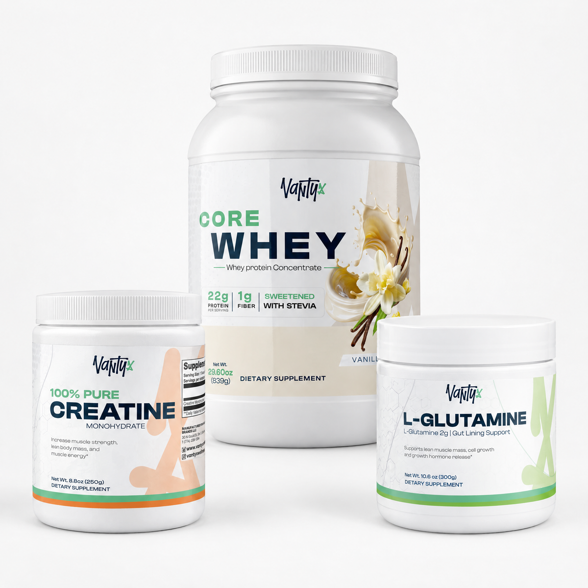 Total Performance Kit — Vanilla: Core Whey Vanilla, Creatine Monohydrate and L-Glutamine