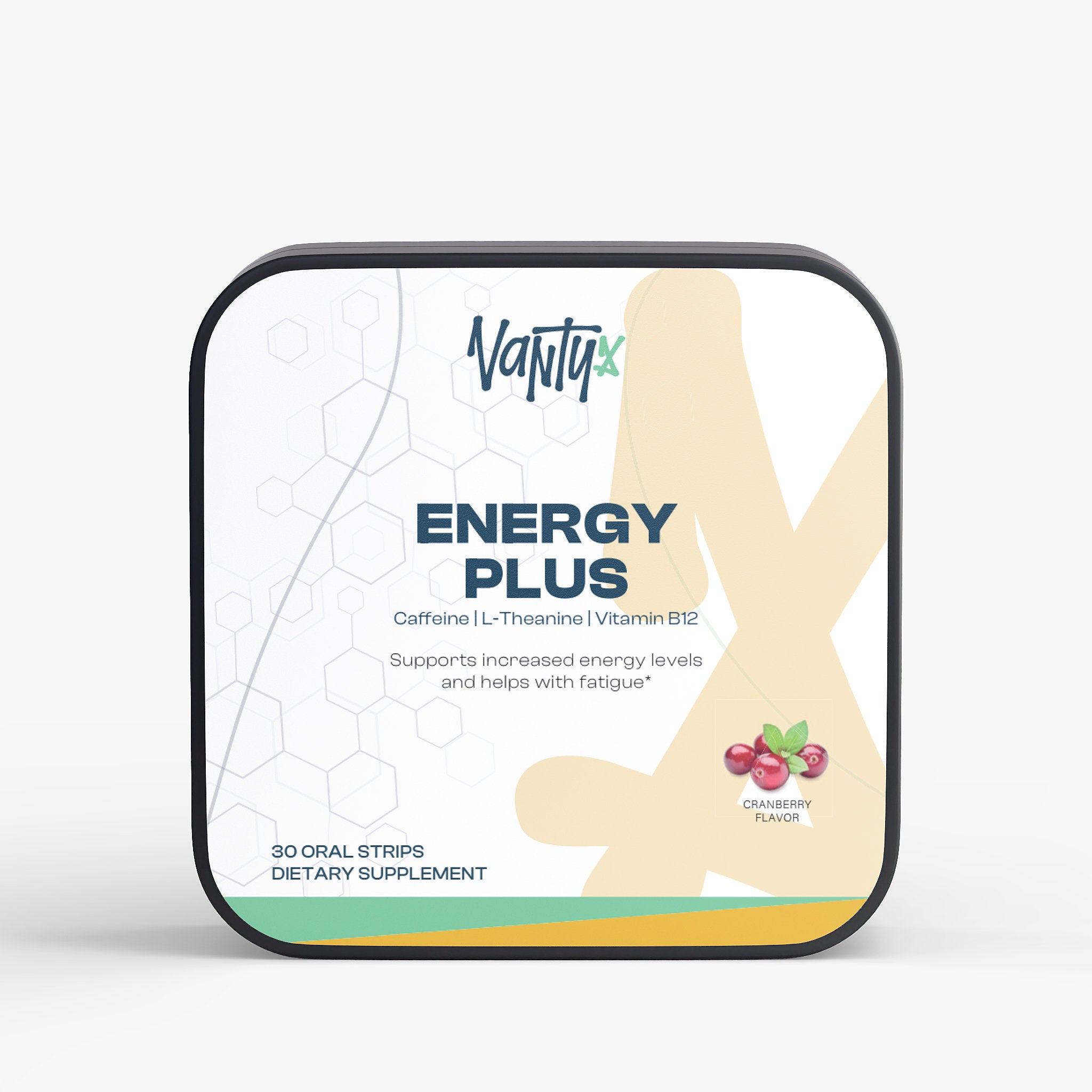 Tiras bucales Energy Plus Vantyx — Cafeína + L-Teanina + B12 · 30 tiras de arándano