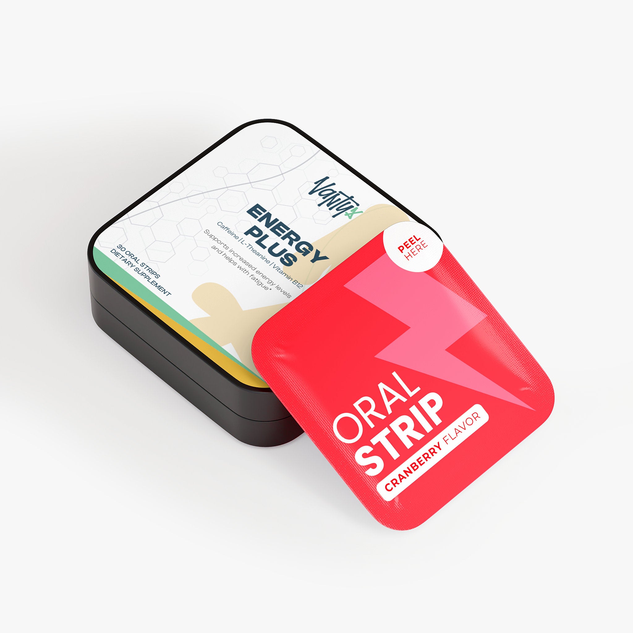 Tiras bucales Energy Plus Vantyx — Cafeína + L-Teanina + B12 · 30 tiras de arándano