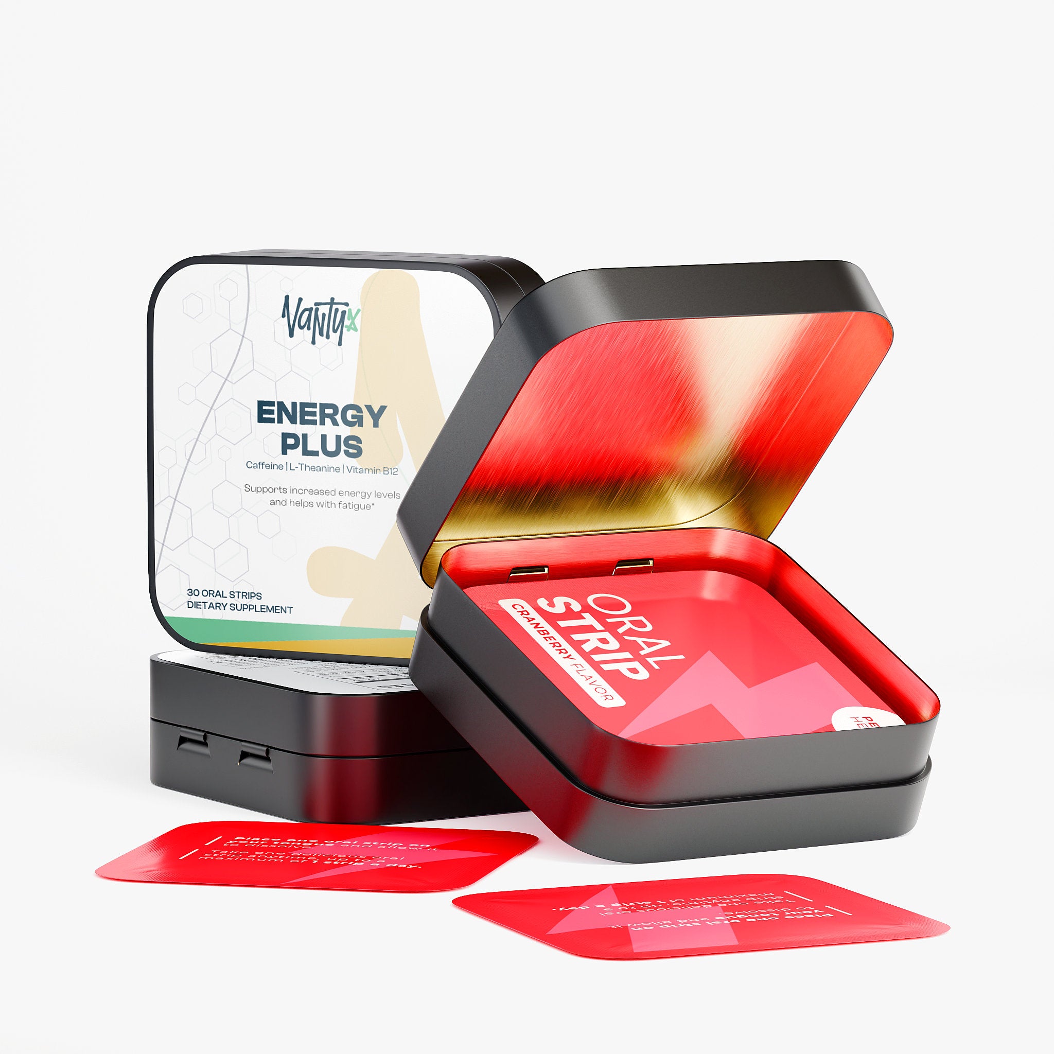 Tiras bucales Energy Plus Vantyx — Cafeína + L-Teanina + B12 · 30 tiras de arándano