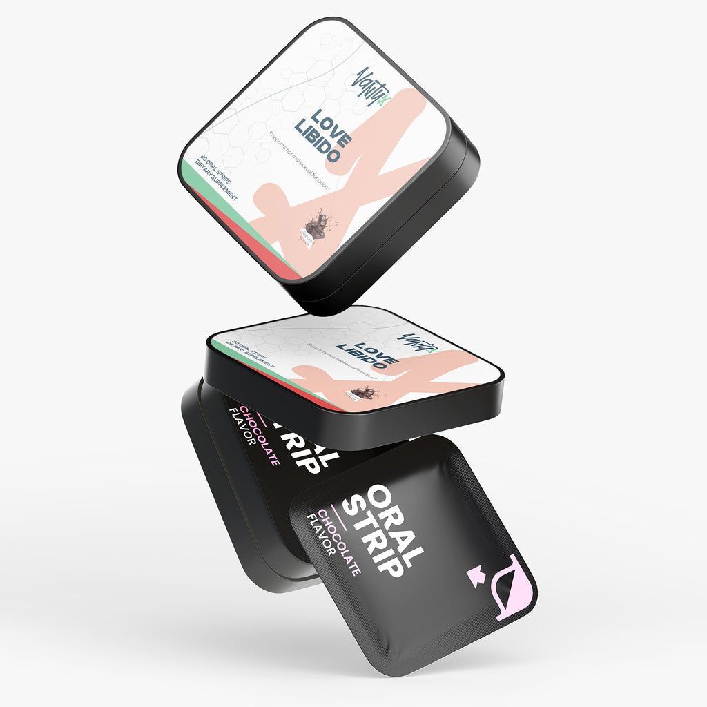 Love Libido Strips Vantyx — Tiras Orales con Cordyceps, Shilajit y Péptido de Ostra · 30 Tiras de Chocolate