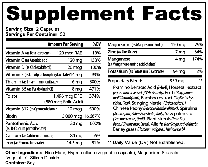 Hair, Skin & Nails Essentials Vantyx — Multivitamínico + Hierro + Biotina 5000mcg + Mezcla Botánica · 60 Cápsulas