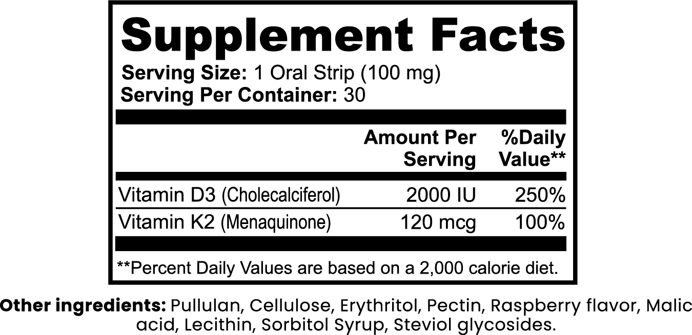 Tiras Osteoheart para el Soporte Óseo Vantyx — Vitamina D3 2000 UI + K2 120 mcg · 30 Tiras Orales Sabor Frambuesa