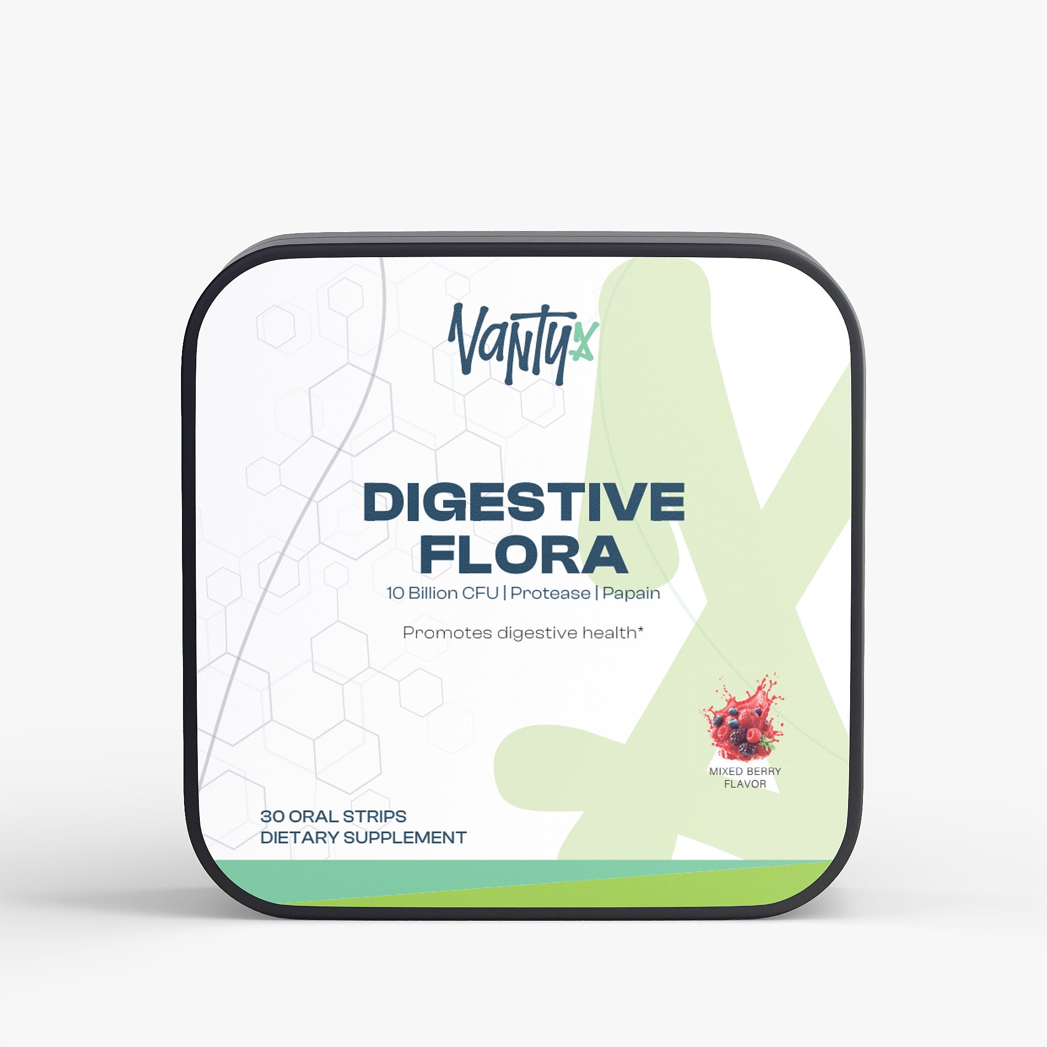 Digestive Flora-MAX Tiras para la salud intestinal Vantyx — 10 mil millones de CFU Bacillus Coagulans + Mezcla de enzimas · 30 Tiras orales de bayas mixtas
