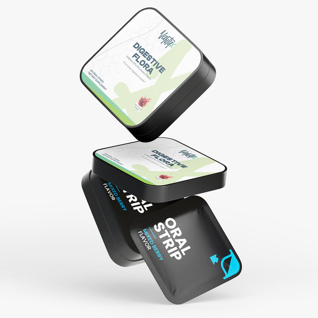Digestive Flora-MAX Tiras para la salud intestinal Vantyx — 10 mil millones de CFU Bacillus Coagulans + Mezcla de enzimas · 30 Tiras orales de bayas mixtas