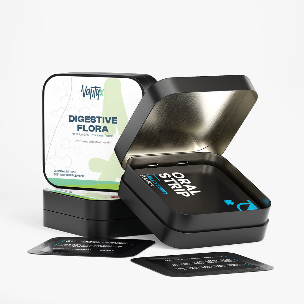 Digestive Flora-MAX Tiras para la salud intestinal Vantyx — 10 mil millones de CFU Bacillus Coagulans + Mezcla de enzimas · 30 Tiras orales de bayas mixtas