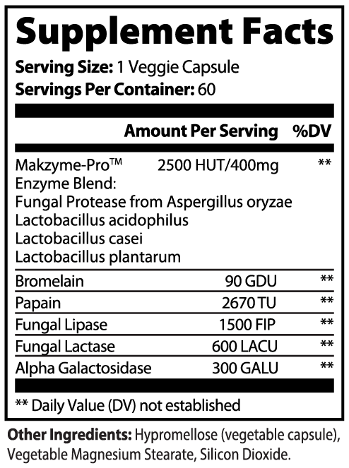Mezcla profesional de enzimas digestivas — Makzyme-Pro + Lactobacillus + Bromelina + Papaína · 60 Cápsulas