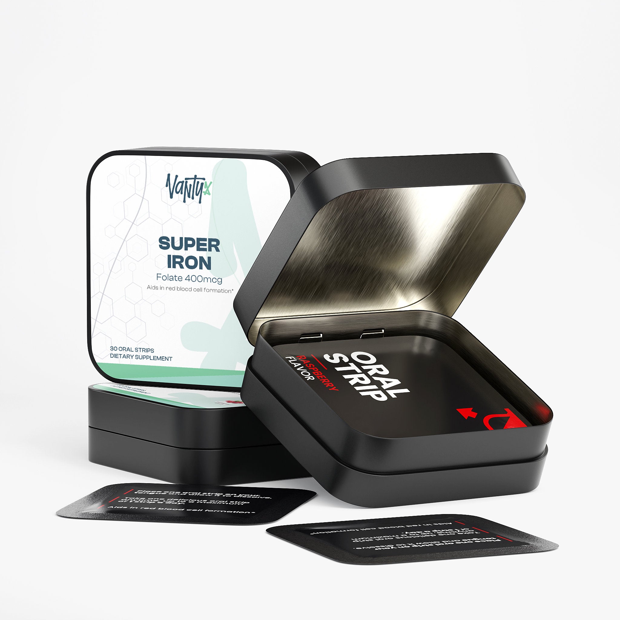 Vantyx Tiras Orales Súper Hierro — Hierro + Folato · 30 Tiras Orales Sabor Frambuesa