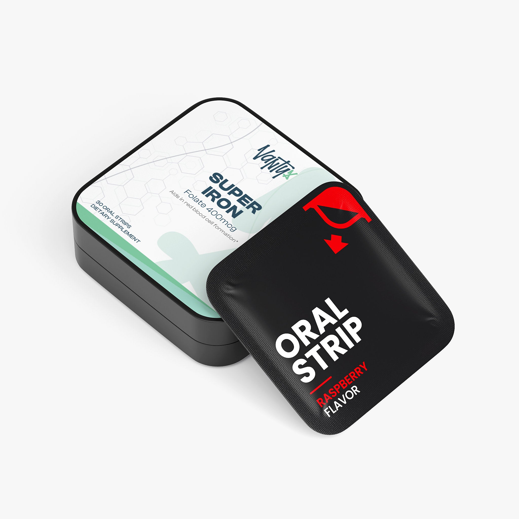Vantyx Tiras Orales Súper Hierro — Hierro + Folato · 30 Tiras Orales Sabor Frambuesa