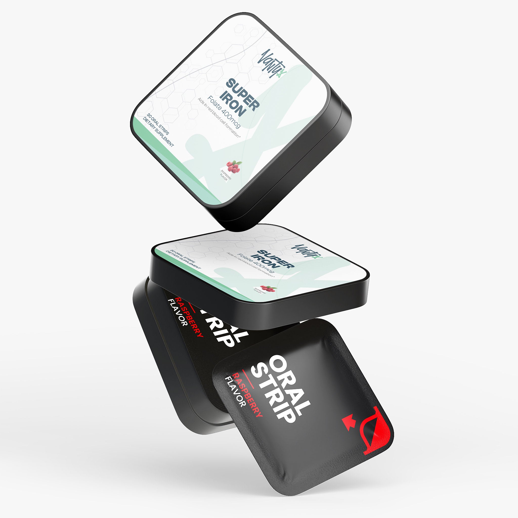 Vantyx Tiras Orales Súper Hierro — Hierro + Folato · 30 Tiras Orales Sabor Frambuesa
