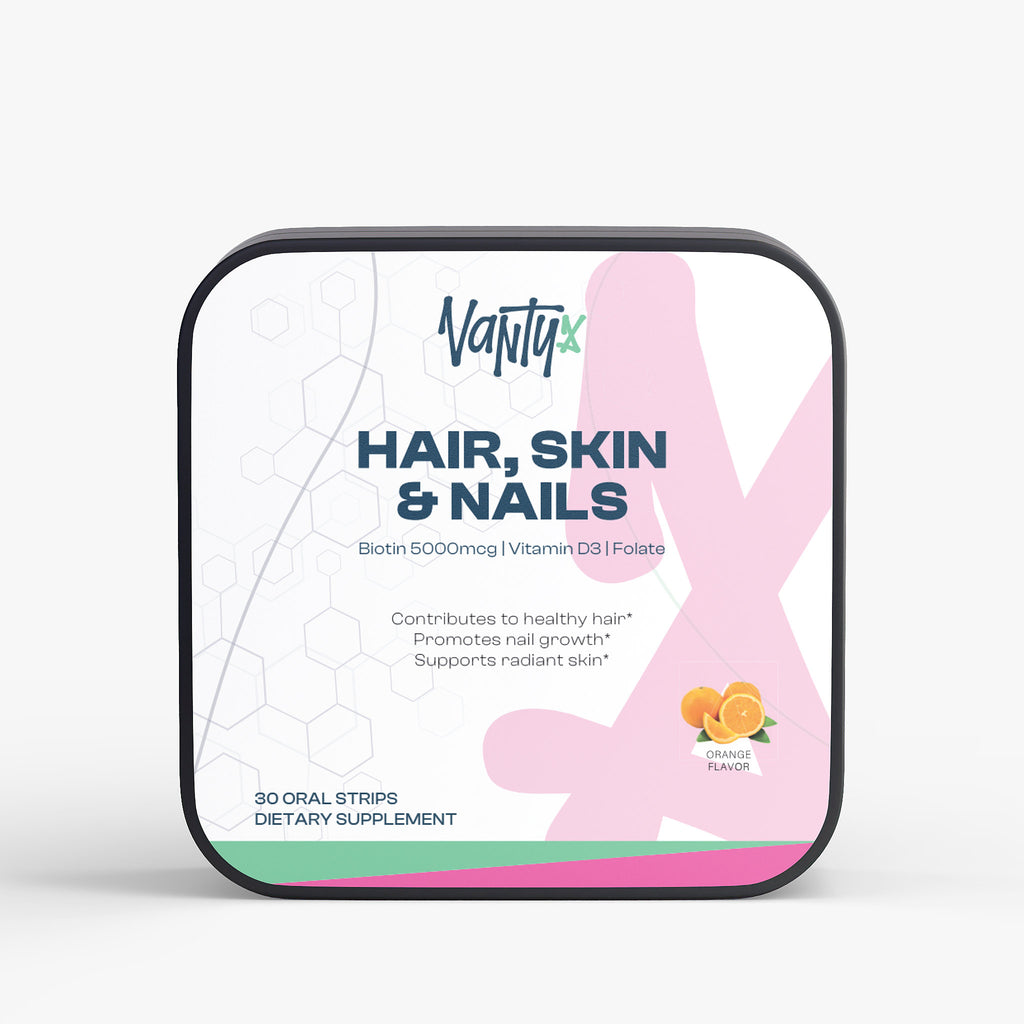 Cintas para el Cabello, Piel y Uñas Vantyx — Biotina 5000mcg + Vitamina D3 + Folato · 30 Cintas Orales de Naranja